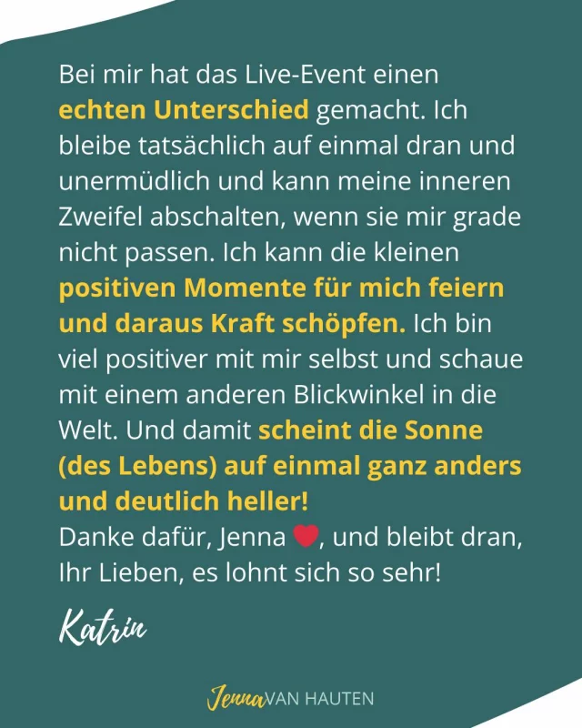 Dieses Event kann dein Leben verändern. Wie das von Katrin. 

Schon diesen Samstag findet die Schema Du® NIGHT statt! 
Du kannst nicht live dabei sein? Kein Problem! So viele Menschen haben mich nach einer Online-Übertragung gefragt, dass wir das jetzt kurzfristig möglich gemacht haben. 

Wenn du den Link zum Stream bekommen willst, melde dich noch schnell an! 

Hier gehts zur kostenlosen Anmeldung: vanhauten.com/schema-du-night
Den Link zum Stream bekommst du mit der Anmeldung!

#schemadu
#jobwechsel
#stärkenstärken
#jobliebe
#persönlicheweiterentwicklung